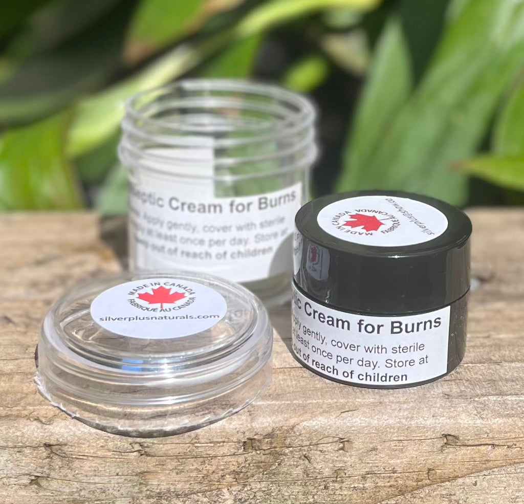Nano Silver & Gold antiseptic burn cream for fast healing, infection prevention, and scar reduction.