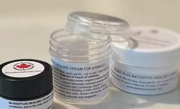 Organic Nano Silver & Gold healing cream for dogs, cats, and horses, soothing skin irritations, promoting healing, and protecting against infections